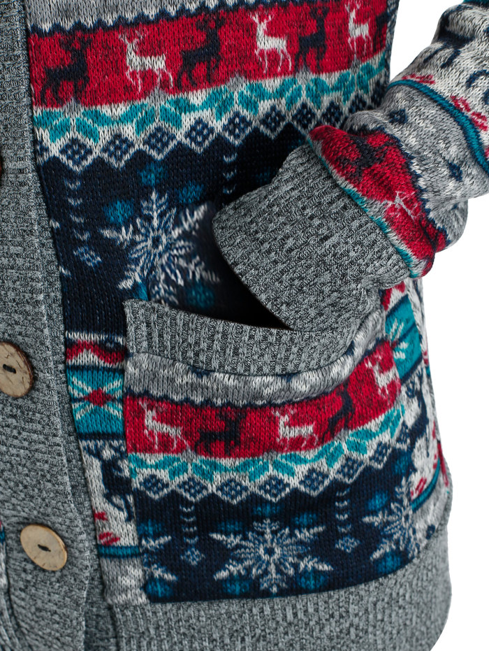 Christmas Snowflake Elk Hooded Button Wide Waist Full Sleeve Knit Jacket