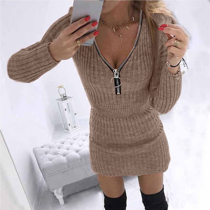 Fashion Casual Solid Color Zipper V Neck Long Sleeves Slim Party Sweater Dress