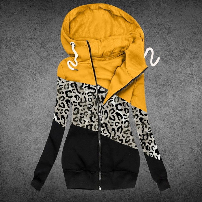 Women's Fashion Long Sleeve Leopard Print Casual Zipper Hoodies & Sweatshirts