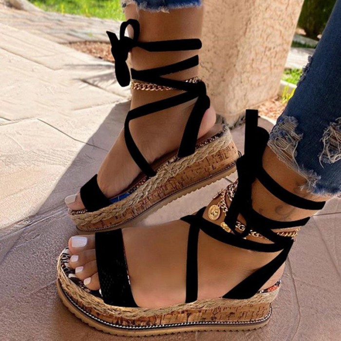 Print Platform High Heel Cross Strap Ankle Lace Open Toe Beach Party Sandals