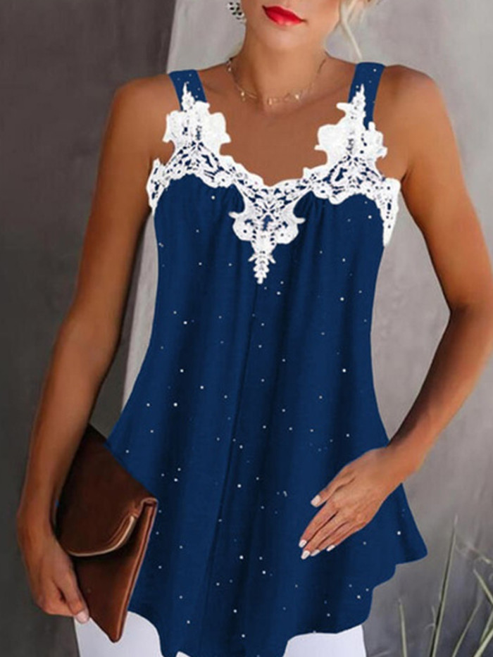 Fashion Lace V Neck Solid Color Sleeveless Elegant Casual Blouse