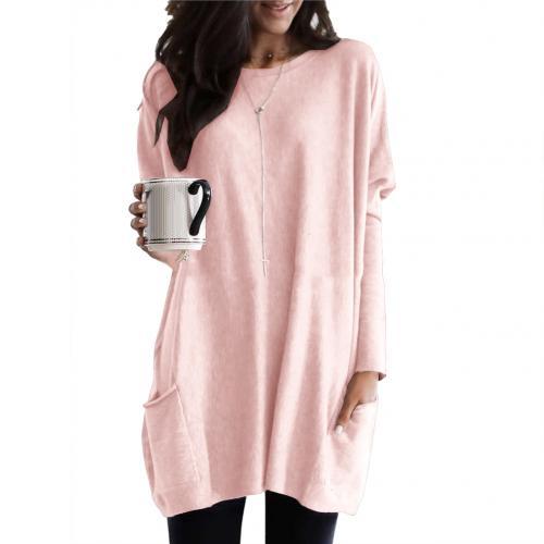 Women's Long Sleeve Round Neck Loose Solid Color Pocket Tunic Sweatshirt