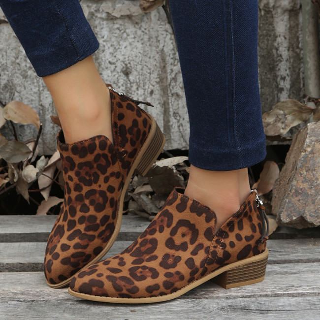 Trendy Leopard Print Round Toe Low Square Heel Casual Ankle Boots
