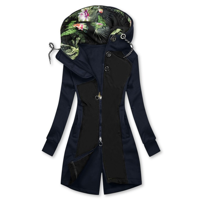 Women's Zipper Solid Color Panel Floral Pattern Hooded Pocket Jacket