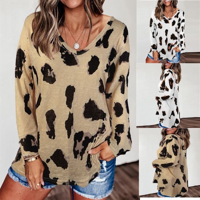 Fashion Long Sleeve Loose Leopard Print Casual Top T-Shirt