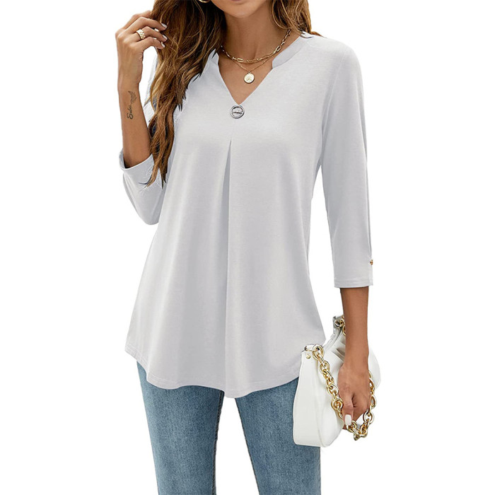 V Neck Studded Pleated Solid Color Loose Casual Fashion  Blouses & Shirts