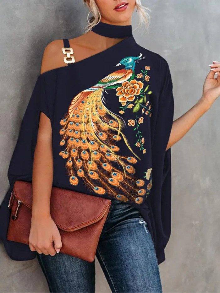 Elegant Loose Fashion Halter Neck Dolman Sleeve Lotus Print Blouses & Shirts