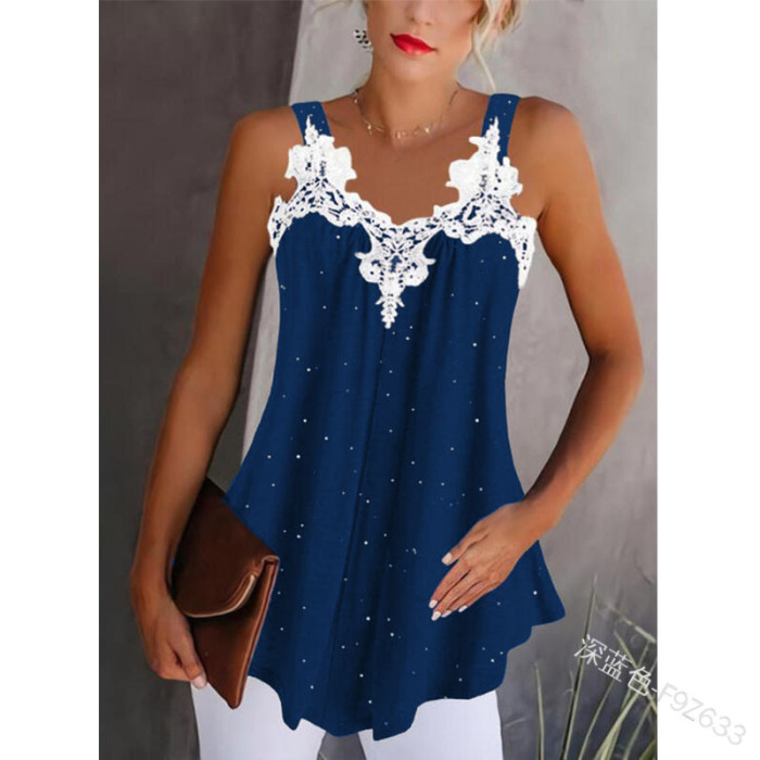 Fashion Lace V Neck Solid Color Sleeveless Elegant Casual Blouse