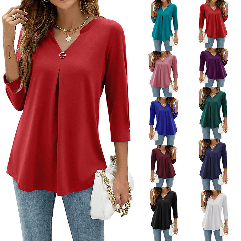 V Neck Studded Pleated Solid Color Loose Casual Fashion  Blouses & Shirts