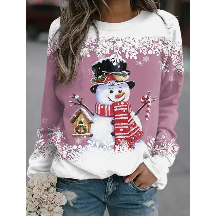 Christmas Snowman Fashion Print Long Sleeve Stitching Loose Casual Round Neck T-Shirt