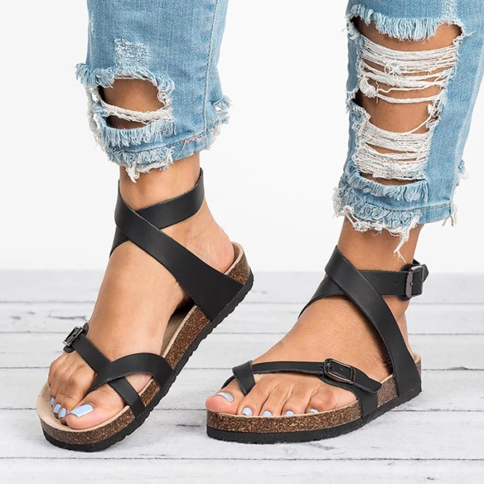 Ladies Plus Size Fashion PU Leather Casual Beach Flat Sandals