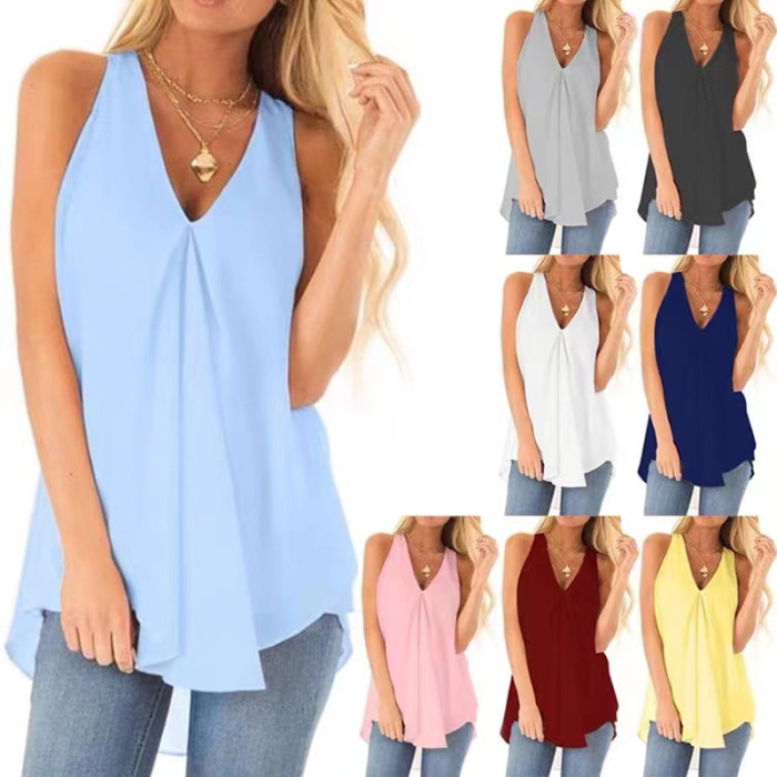 Fashion Loose Solid Color Casual Sexy V Neck Sleeveless Blouses & Shirts