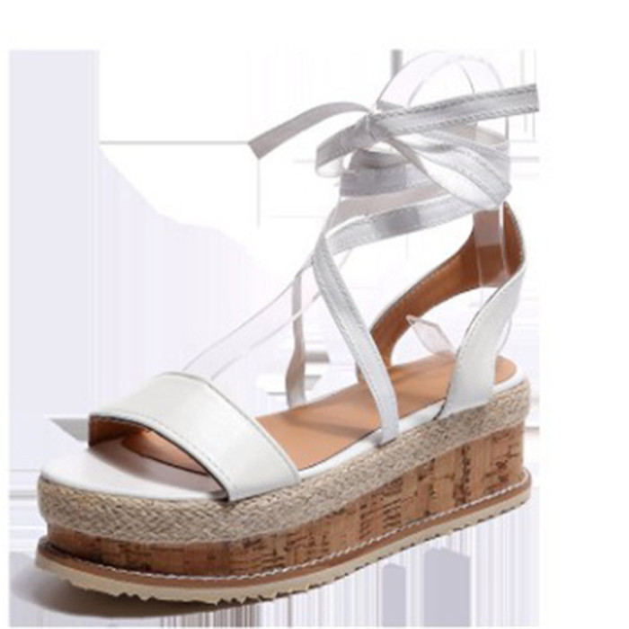White Wedge Espadrille Open Toe Gladiator Lace-Up Platform Sandals