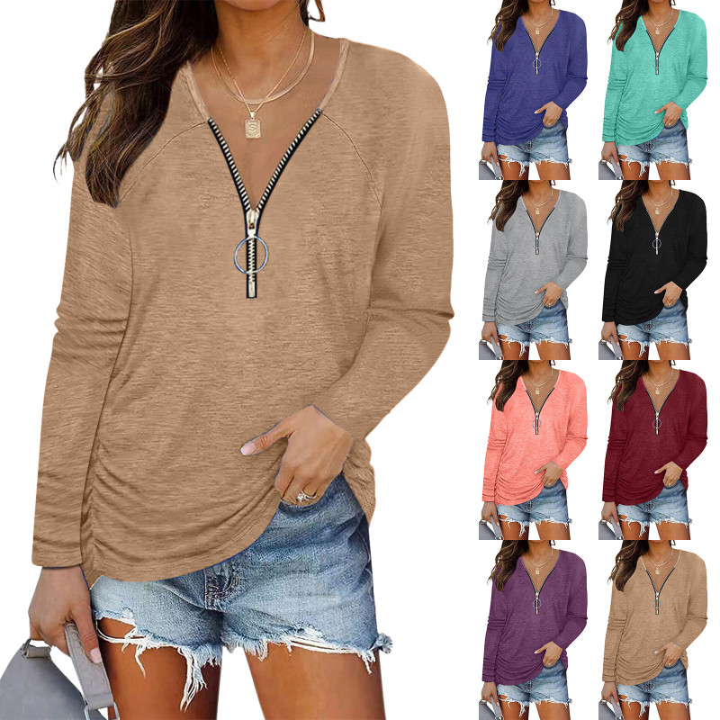 Fashion V Neck Zipper Casual Long Sleeve Loose Solid Color Sexy  Blouses & Shirts