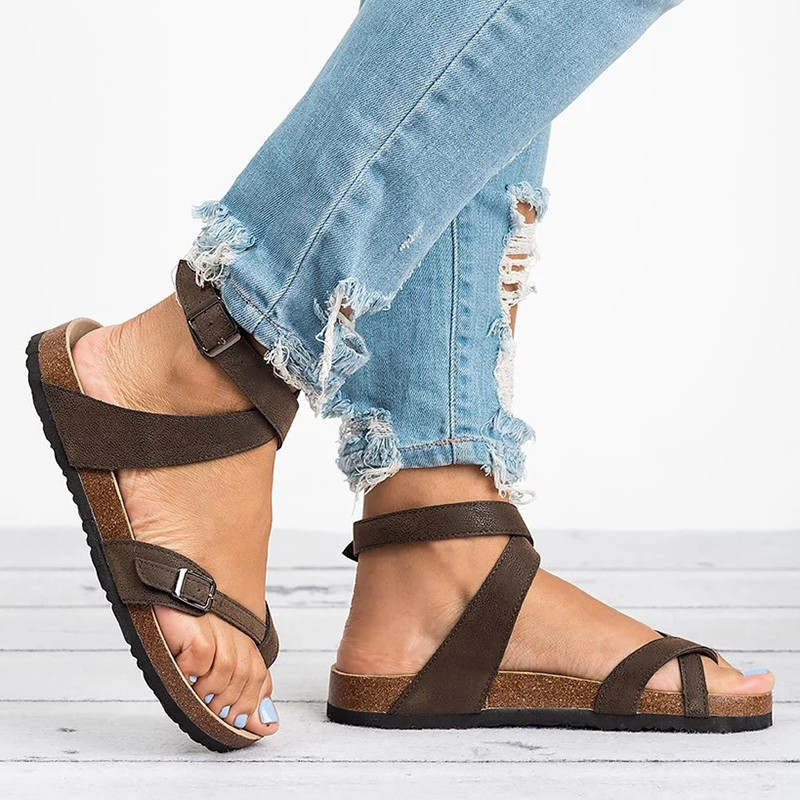 Ladies Plus Size Fashion PU Leather Casual Beach Flat Sandals