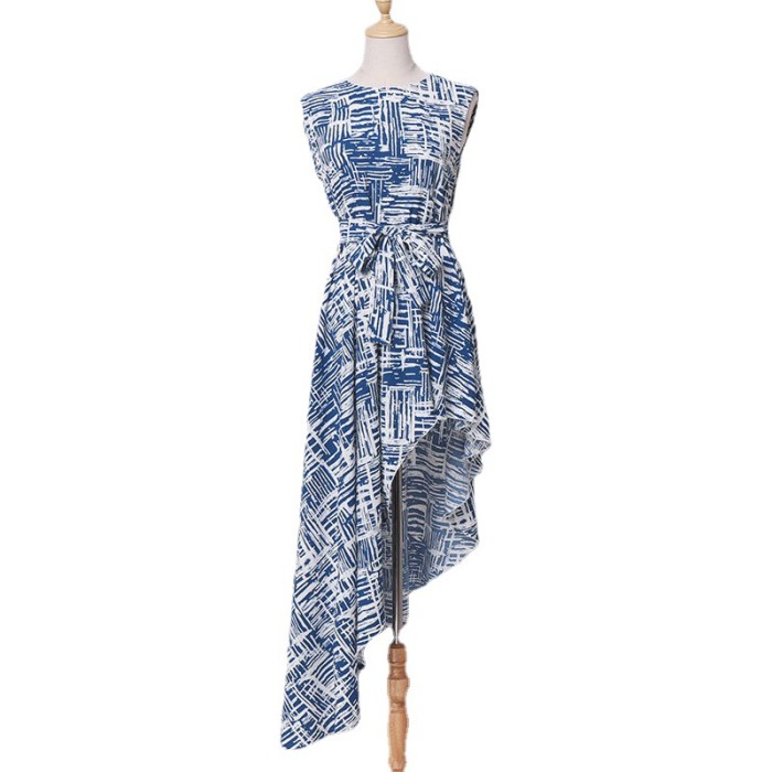 Fashion Sleeveless Tie High Waist Print Irregular Casual Maxi Dress