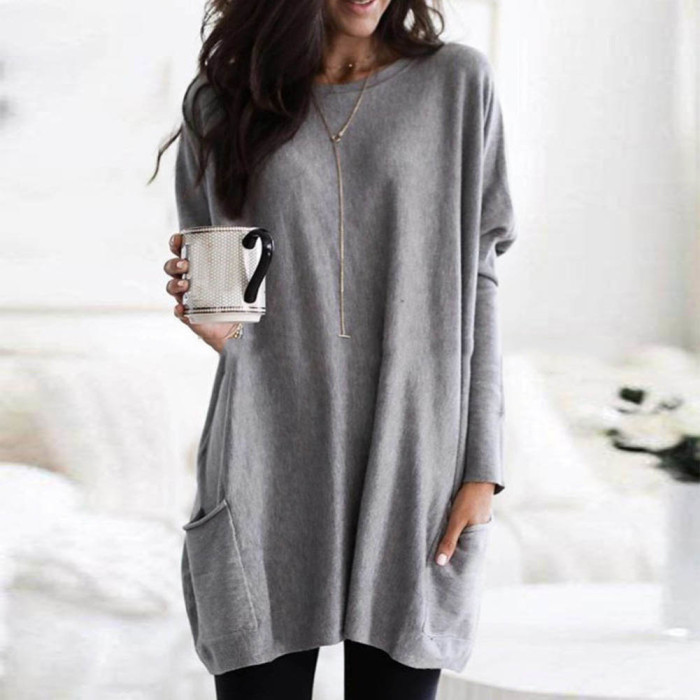 Women's Long Sleeve Round Neck Loose Solid Color Pocket Tunic Sweatshirt