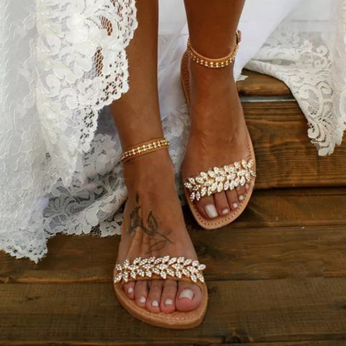 Fashion Flat Sandals Women Boho Style Casual Oversized Rhinestone Open Toe Shoes