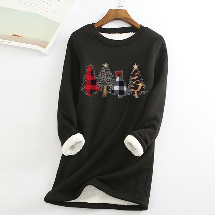 Women's Fleece Christmas Printing Velvet Warm Crew Neck Casual Sweatshirts