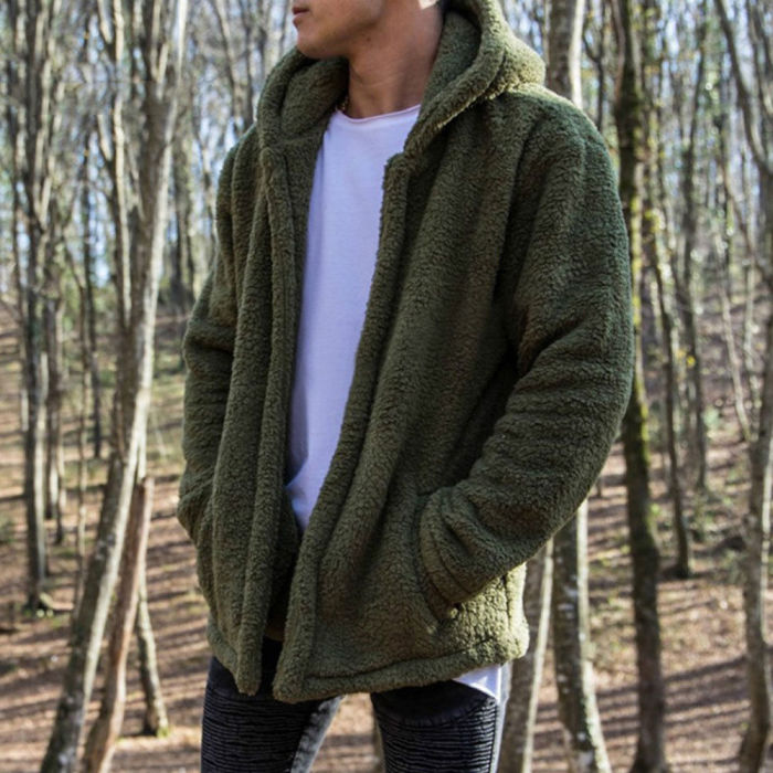 Winter Warm Men's Wool Hooded Long Sleeve Solid Color Loose Coats & Jackets