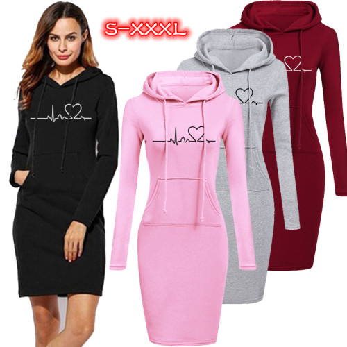 Fashion Hooded Long Sleeve Slim Pullover Sweatshirt  Midi Dress