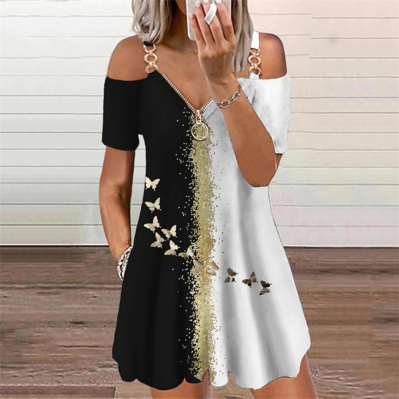 Trendy D Print Elegant Zipper V Neck Off Shoulder Casual Mini Dress