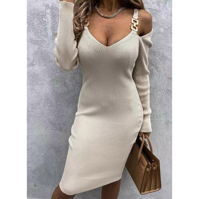 Fashion Casual Solid Color V Neck Strapless Sexy Elegant Long Sleeve Knitted Body Dress