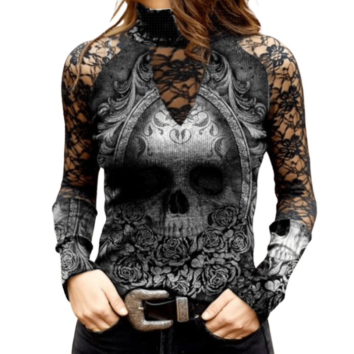 Fashionable Turtleneck Printed Hollow Sexy Long-Sleeved  Blouses & Shirts