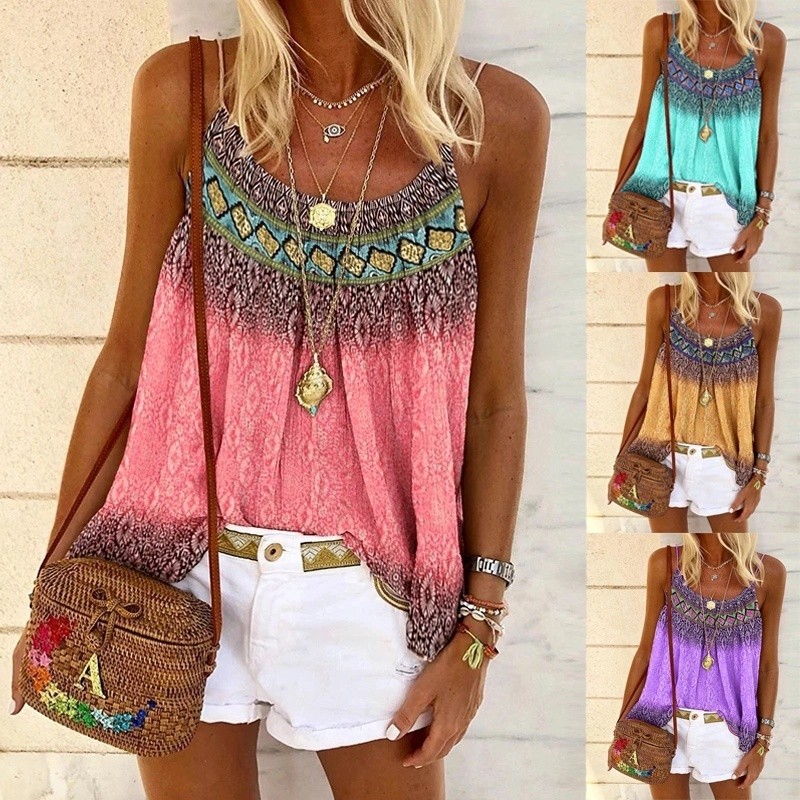 Fashion Casual Tank Top Loose Sleeveless Printed Beach  Blouses & Shirts