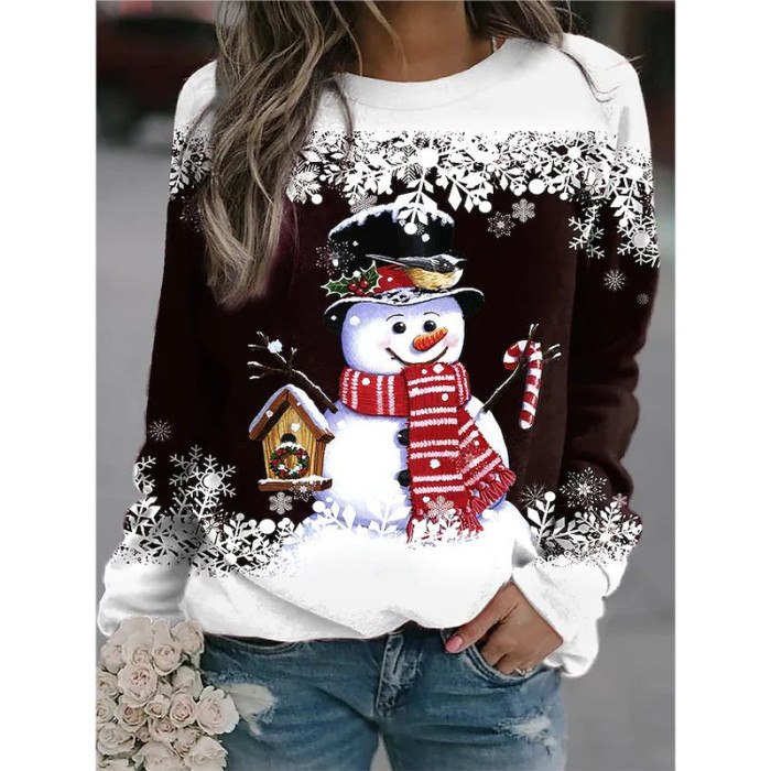 Christmas Snowman Fashion Print Long Sleeve Stitching Loose Casual Round Neck T-Shirt