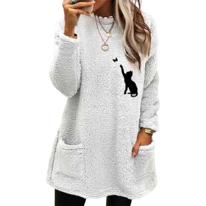 O-Neck Long Sleeve Pocket Women's Solid Color Loose Fleece  Sweatshirts Top