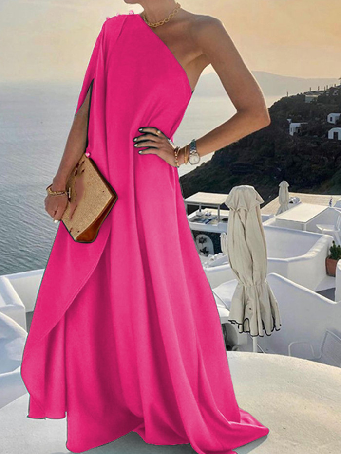 Fashion One Shoulder Elegant Solid Color Loose Party Sexy Slash Neck Bohemian Maxi Dress