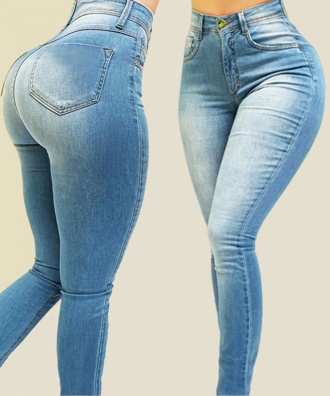 Retro Fashion Solid Color High Waist Stretch Slim  Jeans