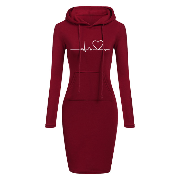 Fashion Hooded Long Sleeve Slim Pullover Sweatshirt  Midi Dress