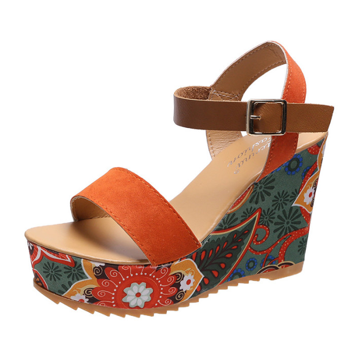 Wedge Retro Ethnic Print Platform Casual Ankle Buckle Comfortable Sandals