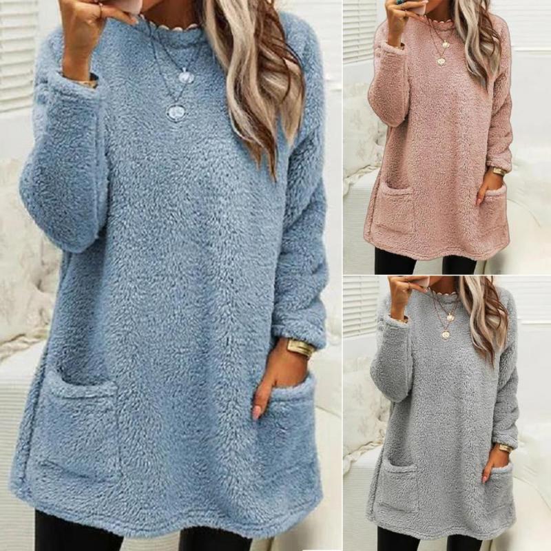 O-Neck Long Sleeve Pocket Women's Solid Color Loose Fleece  Sweatshirts Top