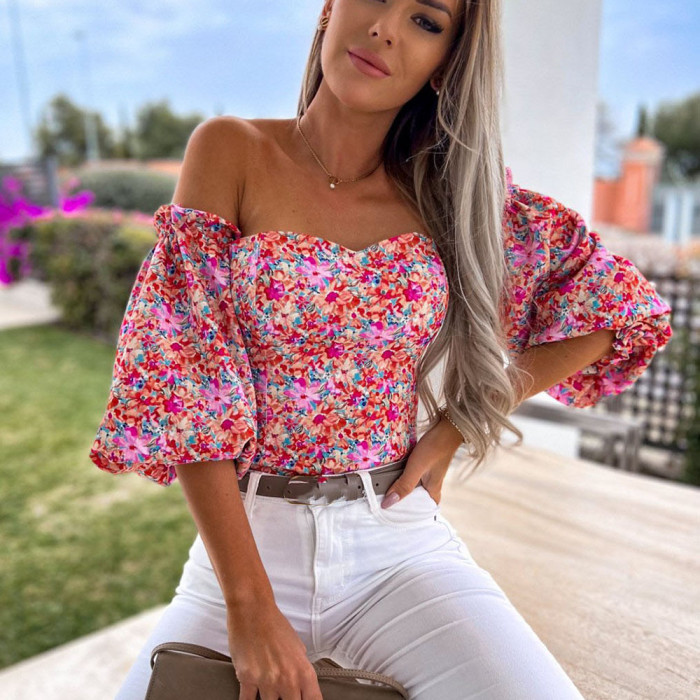 Sexy Top Off Shoulder Floral Boho Casual Slash Neck  Blouses