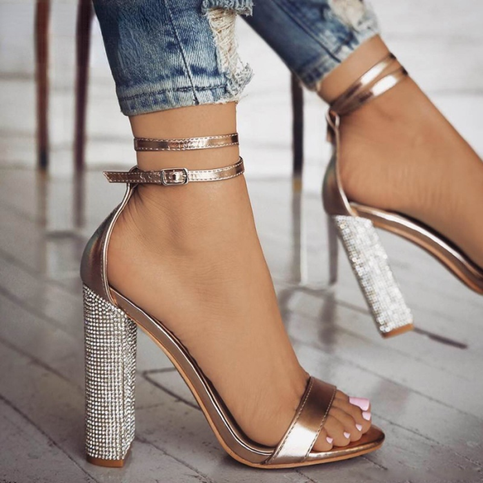 Women's Gold Rhinestone Ankle Strap Sexy Party High Heel Sandal Shoes