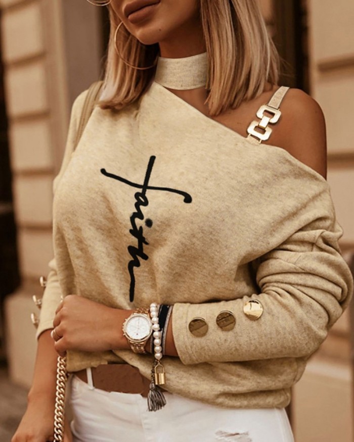 Fashion Long Sleeve Slanted Shoulder Chain Strapless  Blouses & Shirts