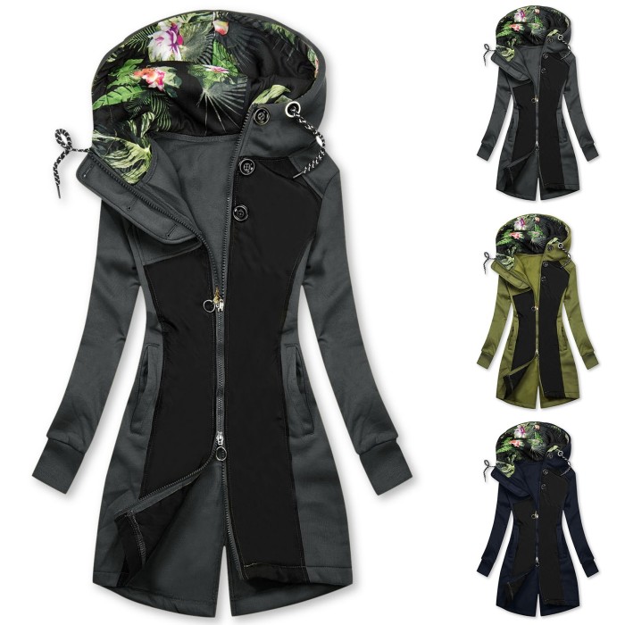 Women's Zipper Solid Color Panel Floral Pattern Hooded Pocket Jacket