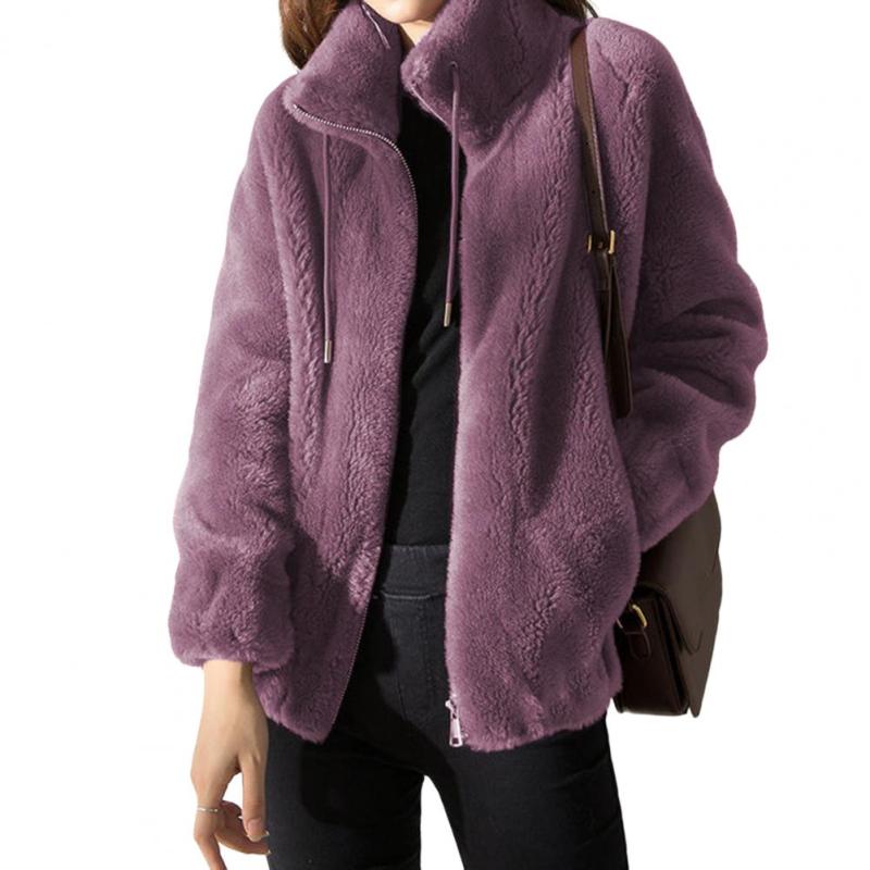 Plush Zipper Stand Collar Long Sleeve Solid Color Drawstring Winter Coats