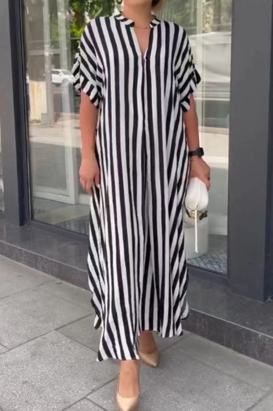 Side Slit Striped Cardigan Short-Sleeved Dress