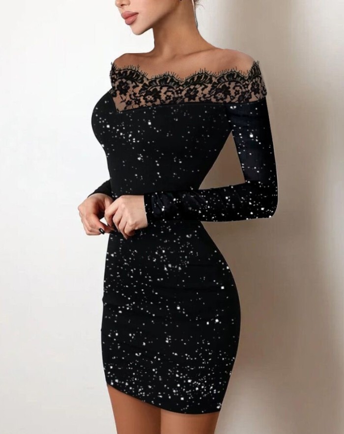 Sexy Party Sheer Black Off Shoulder Long Sleeve Lace Sequin Bodycon Mini Dress