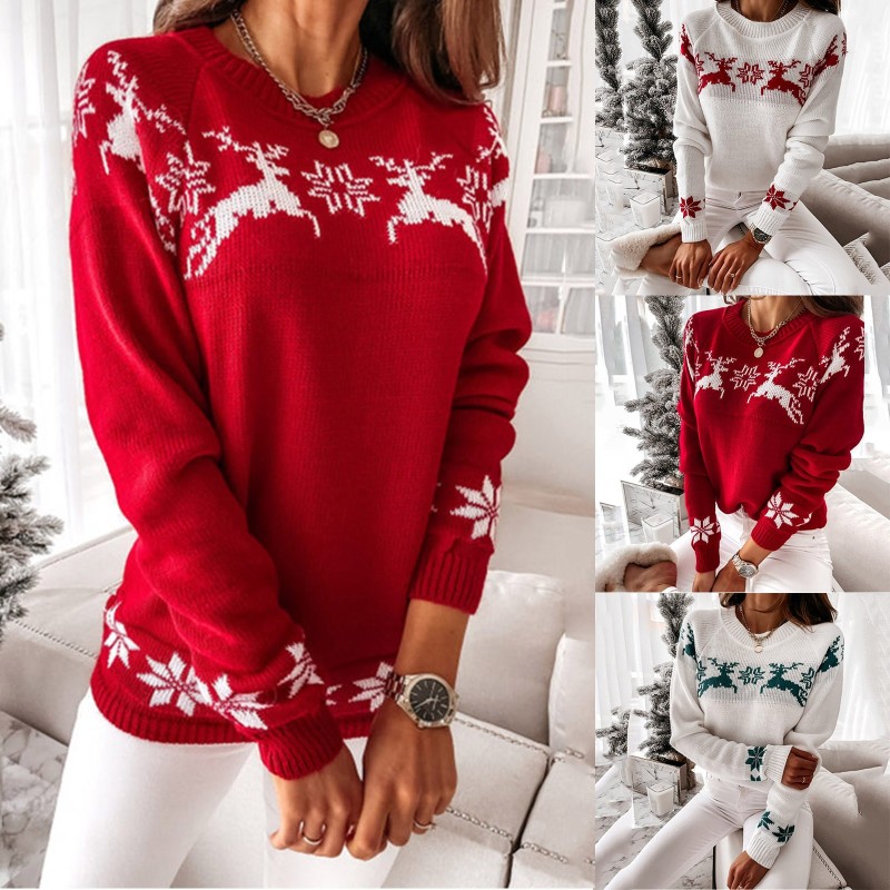 Women's O-Neck Christmas Print Loose Sweater