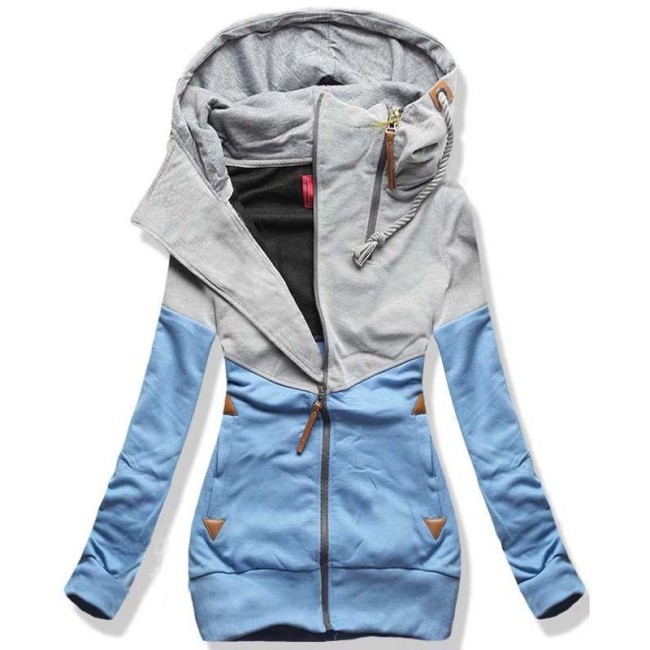 Fashion Loose Pullover Patchwork Warm Zipper Hooded Sweatshirt