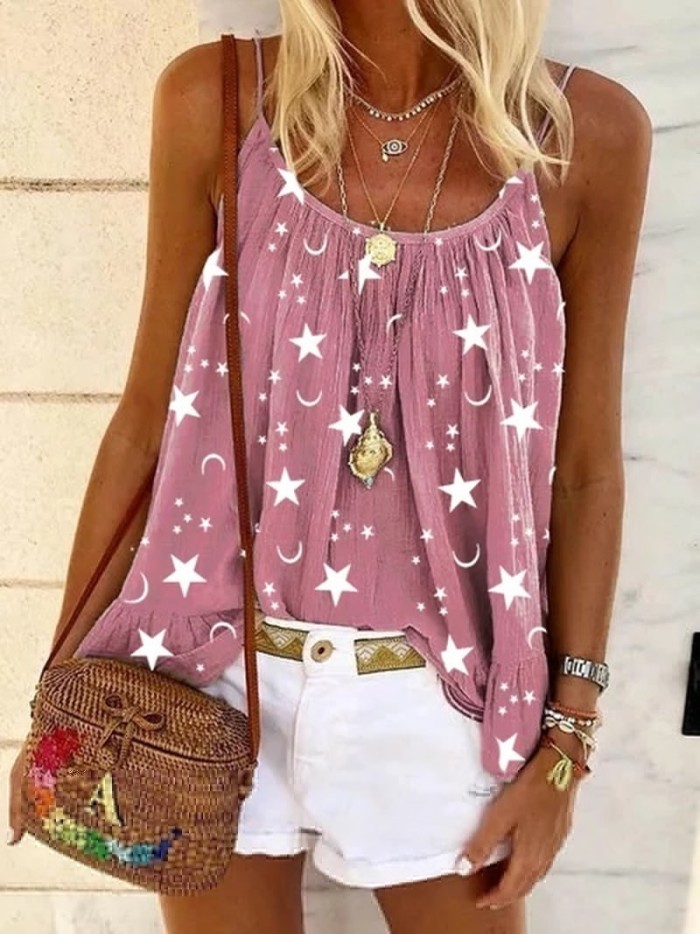 Trendy Loose Beach Sleeveless Bohemian Print Cotton Beach T-Shirt