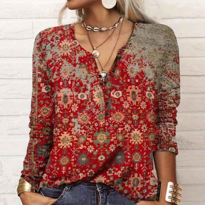 Ethnic Bohemian V-neck Casual Retro Long Sleeves T-Shirts