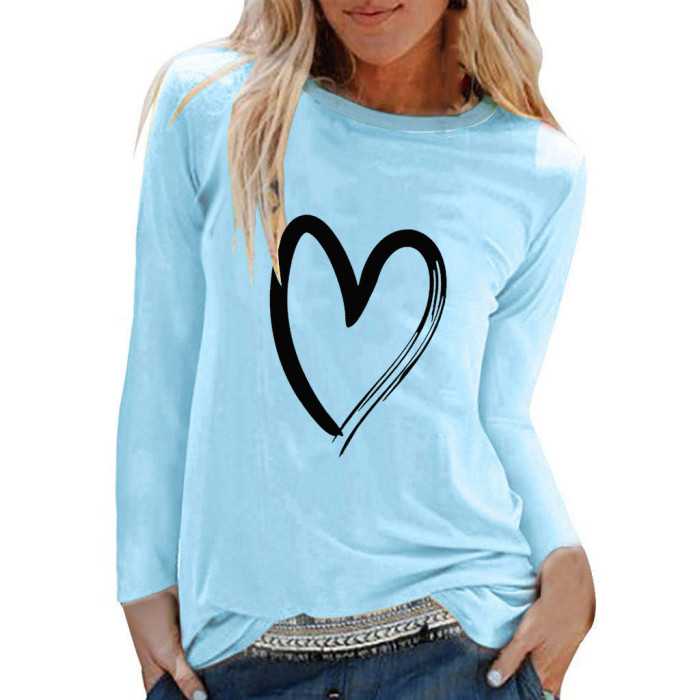 Print Long Sleeve Loose Casual Round Neck T-Shirt