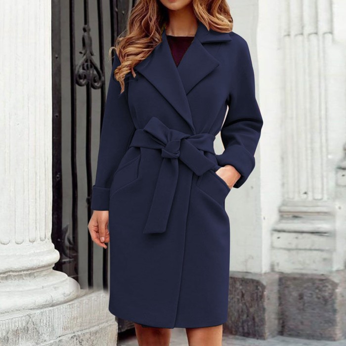 Women's Wool Double Breasted Casual Lapel Solid Color  Trench Coats