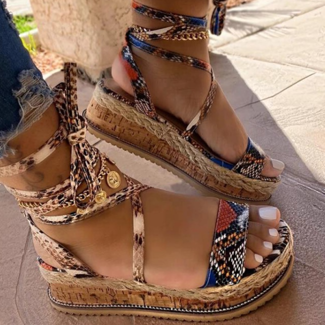 Print Platform High Heel Cross Strap Ankle Lace Open Toe Beach Party Sandals